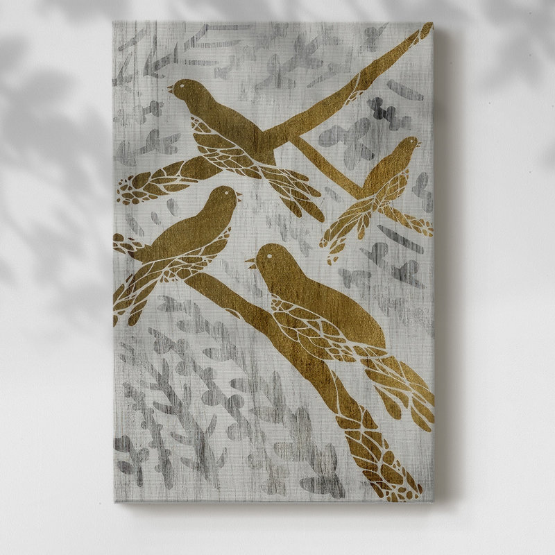 Quatre oiseaux chanteurs - feuille d'or - toile tendue avec châssis, H 27 po x l 18 po x P 1,5 po