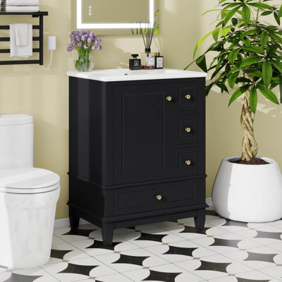 24" Bathroom Vanity With Sink, Single Vanity Set With 3 Drawers And One Door With Storage Racks, Wooden Storage Cabinet