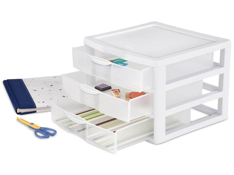 Sterilite Clear Plastic Stackable Small 3 Drawer Storage System, White