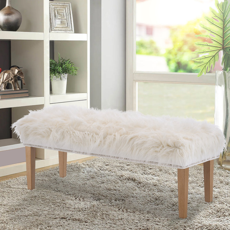 White Faux Fur Ottoman Bench Upholstered Furry Entryway Bedroom Bench With Natural Wood Legs,modern Contemporary Long Bench Ottoman Hair Foot Rest Stool For Entryway, Living Room, Bedroom