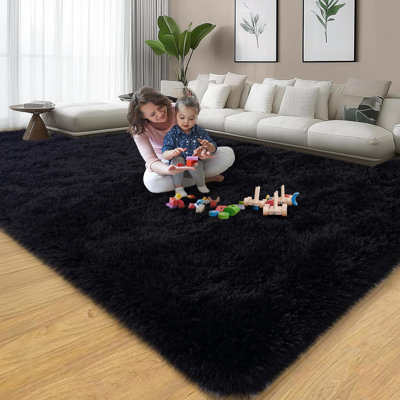 8X10 Black Fluffy Shag Area Rug, Soft Plush Fuzzy Large Carpet For Living Room Bedroom, Modern Shaggy Indoor Rug For Nursery Home Decor (8Ft X 10Ft, Black)