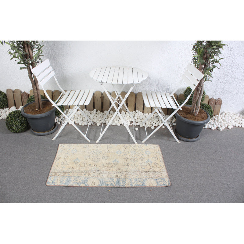 Handwoven Beige Turkish Oushak Rug - Small Vintage Wool Gift Rug with Intricate Design