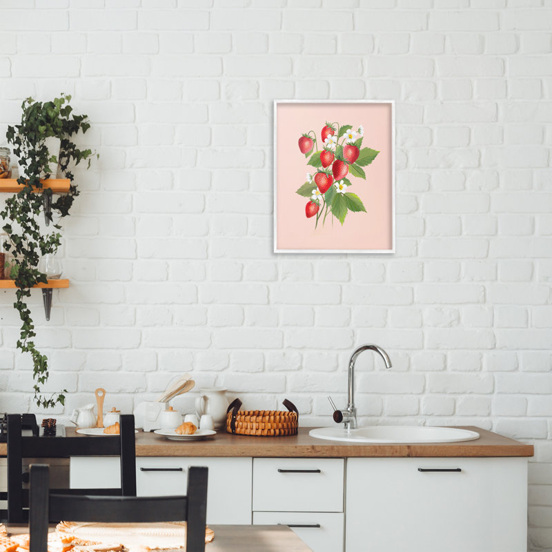Giclée encadrée Cottage Garden Strawberries, design par Diane Neukirch, 14 X 11, Encadrement giclée blanc côtier