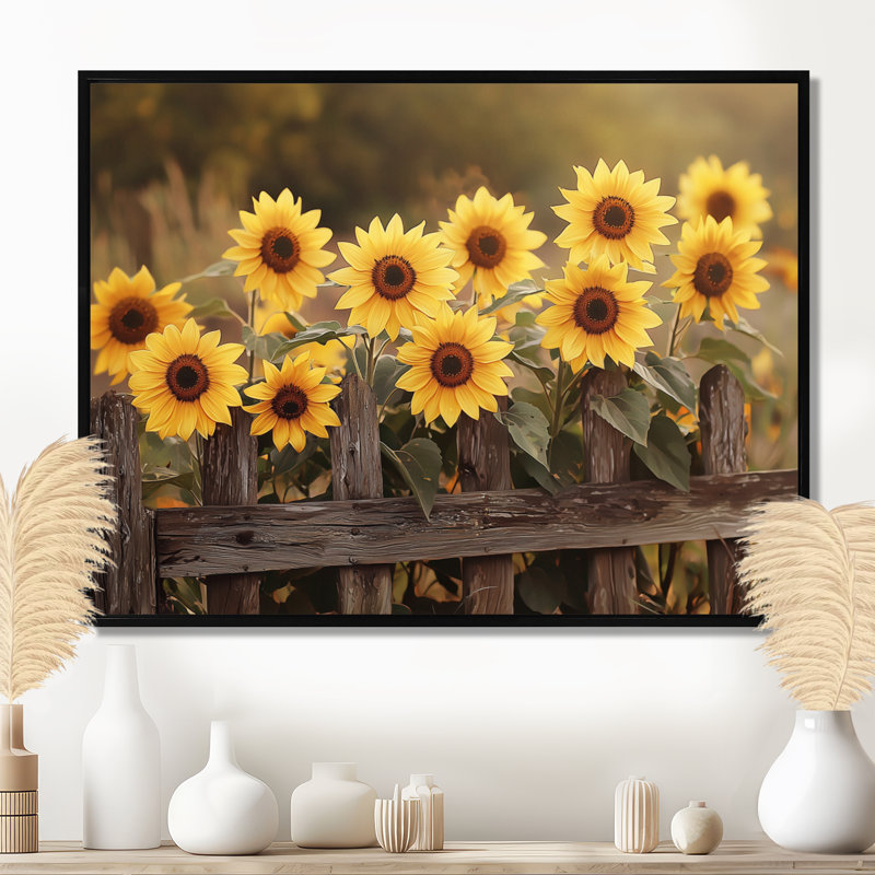«Dorey Sunflowers Around The Horse Stable II» - art mural tournesols, H 30 po x l 40 po, Noir, noir, noir, noir