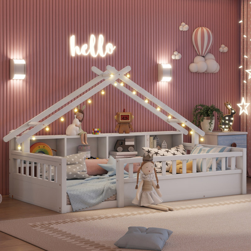 Lit simple au sol avec lumière, tablettes de rangement et forme de toit, Twin, White