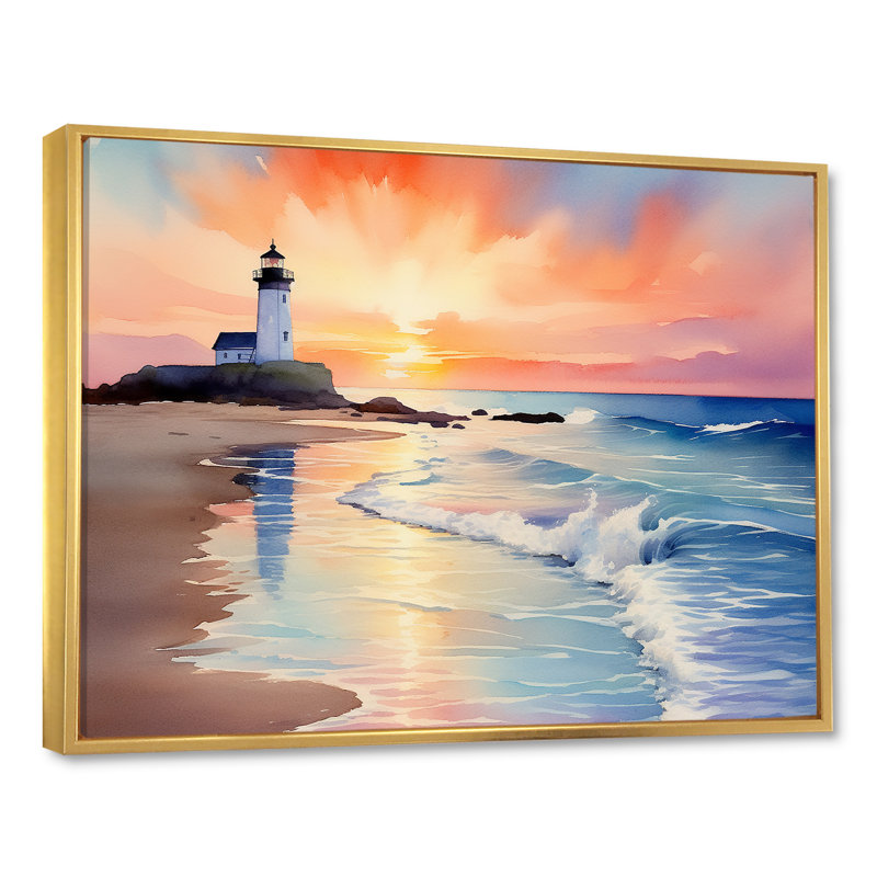 Orange coucher de soleil sur la plage, phare de la sérénité II - art mural plage, Cadre flottant doré