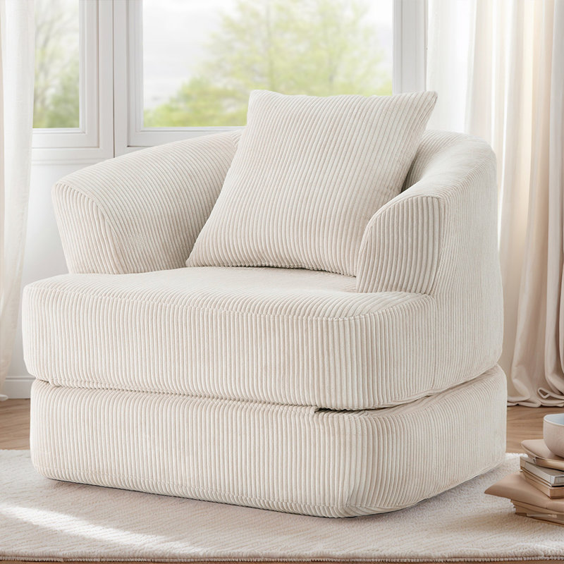 Oversized Upholstered Convertible Accent Barrel Chair, Beige Corduroy