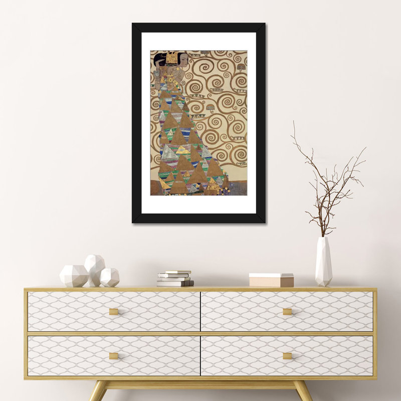 « expectation » par gustav klimt,, impression sur toile tendue, H 24 po x l 16 po x P 1 po, Papier d'art encadré noir, Blanc