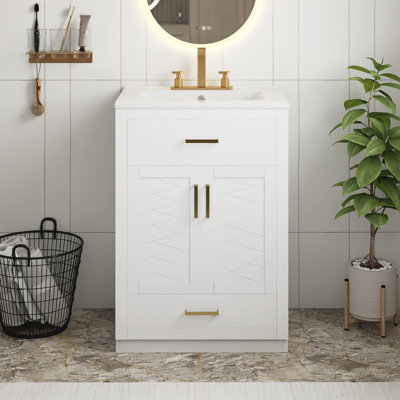 White 24 Inch Bathroom Vanity With Integrated Ceramic Sink, Bathroom Cabinet With 2 Doors, 2 Drawers