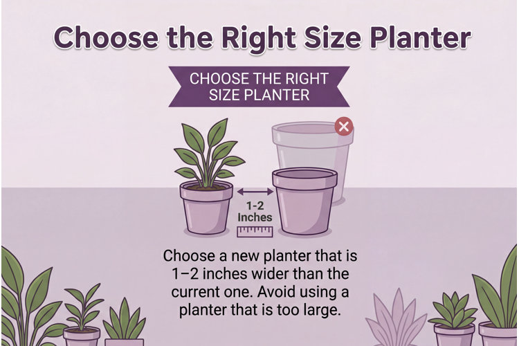 ilustration showing how to choose the right size planter for your repotted plant