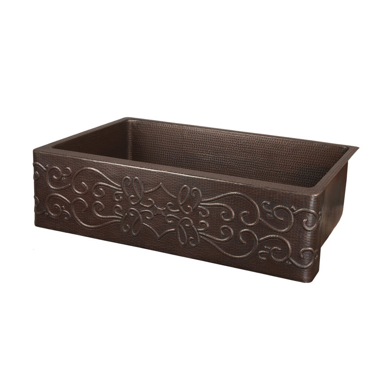 30" Hammered Copper Apron Front Single Basin Kitchen Sink with Scroll Design