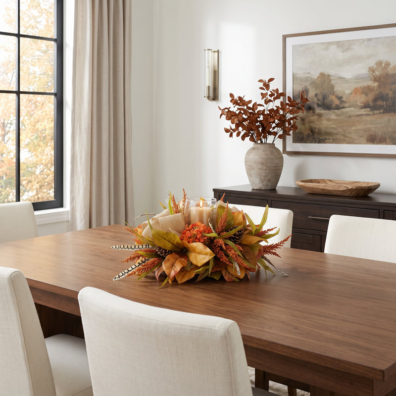 Catron Fall Candleholder Centerpiece with Hydrangeas, Wheat and Pinecones