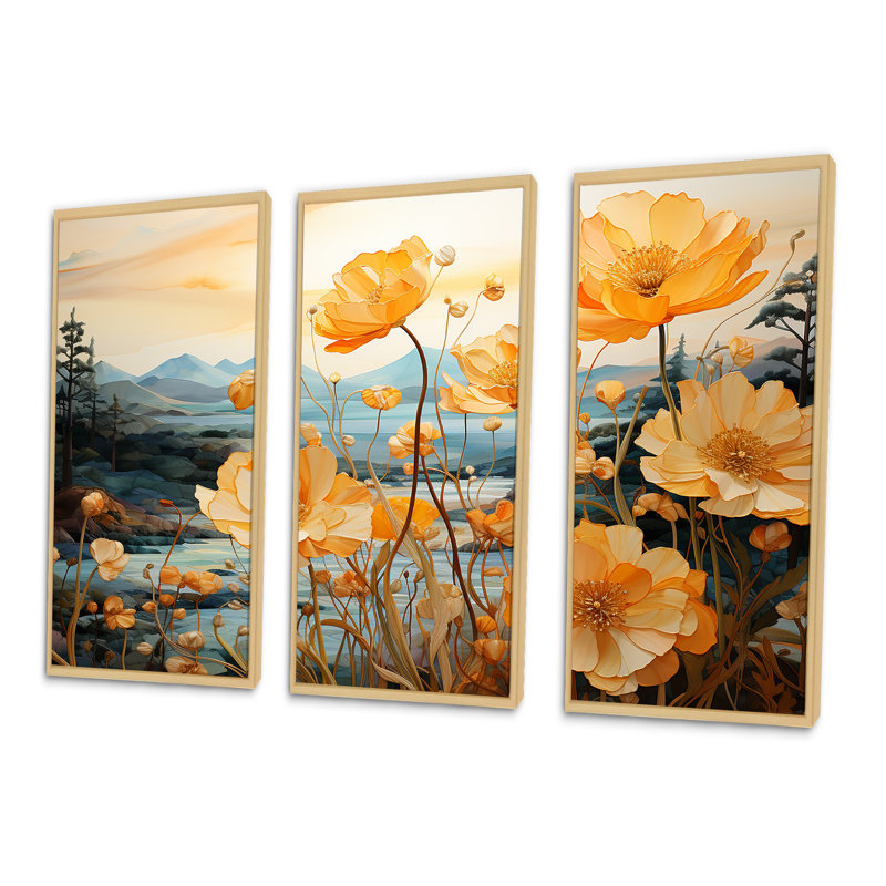 Perfectly Passionate Flowers Field I - Flower Wall Decor Set, Cadre naturel flottant, H 32 po x l 48 po x P 1 po