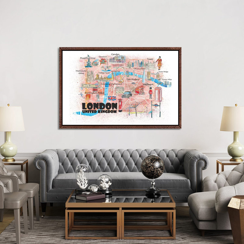London UK Illustrated Map 1 Piece Painting on Canvas, 101.6cm H x 152.4cm W x 3.81cm D, Classic Brown Wood Floater Framed