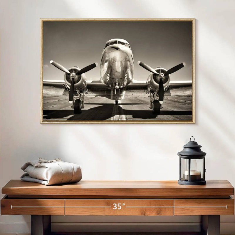Avion rétro noir et blanc, 25 po x 17 po, Cadre flottant en bois naturel