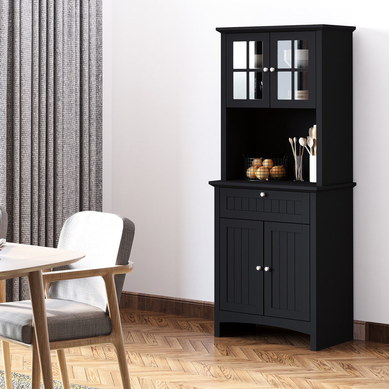 Rangement élégant pour garde-manger avec tiroir d'armoire de cuisine noir, espace pour micro-ondes et tablettes réglables pour la vaisselle