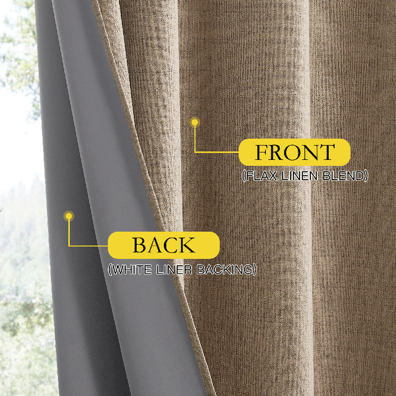 100% Blackout Linen Curtains for Bedroom, Burlap Linen Drapes with Thermal Insulated Grey Liner Grommet Noise Reducing Window Panels for Living room, 2 Panels
