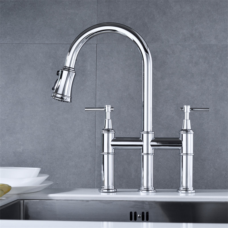 Robinet de cuisine Bridge avec douchette extractible encastrée, Chrome