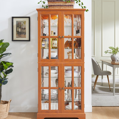 Dark Oak, Four - Door Glass Curio Cabinet, Adjustable Shelves, Metal Handles, Integrated Lighting, Doll Display Interior Design