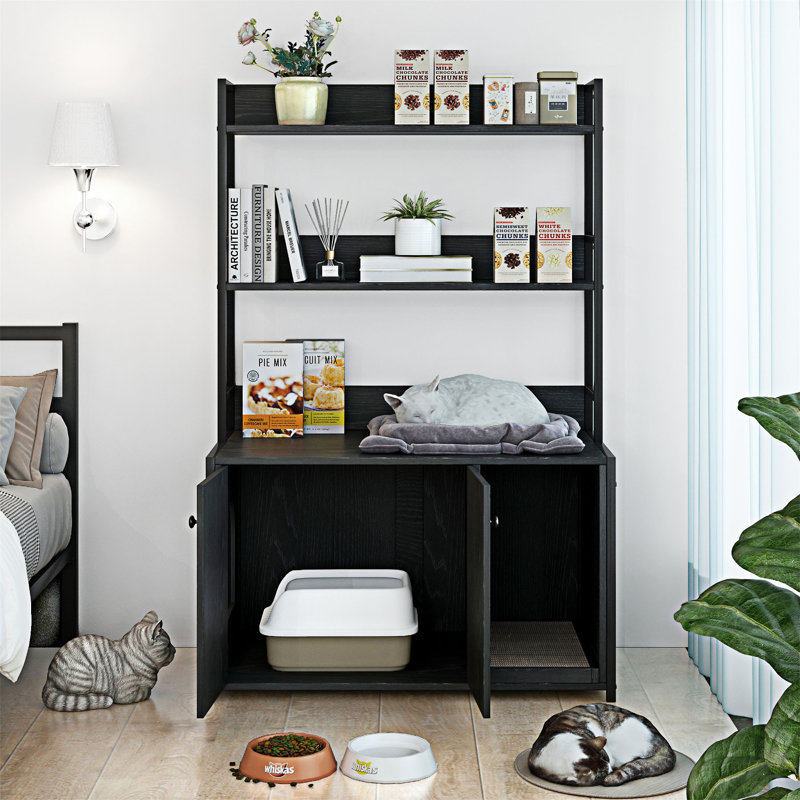 Wooden  Cat Cabinet With 2 Doors,Shelf Storage and Scratch Pad, Black