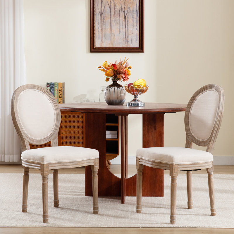 Fiquett Linen Upholstered Solid Wood King Louis Back Side Chairs (Set of 2), Wood, Beige