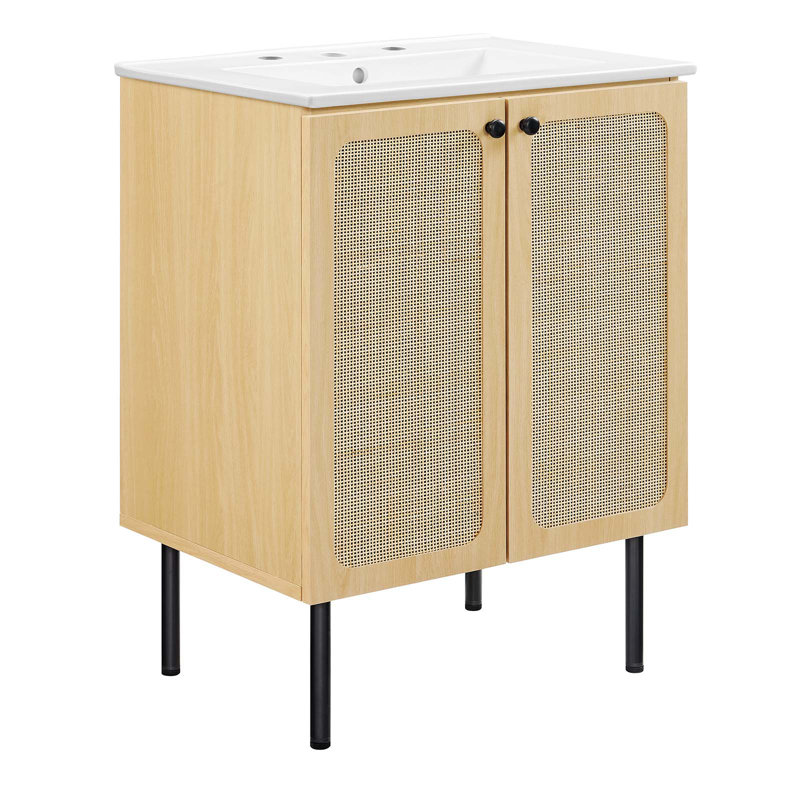 Meuble-lavabo simple 24,5 po avec plateau en bois Modway, Chêne / noir, Blanc