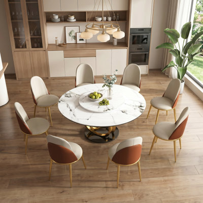 Table de salle à manger 53 po ronde avec plateau tournant rotatif à 360 ° Lazy Susan - Plateau de table en pierre frittée résistant aux rayures et à la chaleur