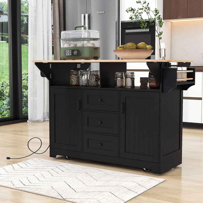 Chinita Versatile Dual Folding Kitchen Island Cart with Storage and Built-in Charging Station, Black