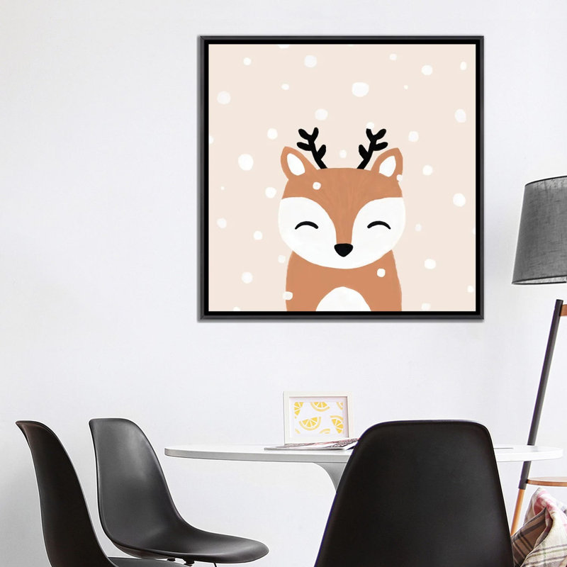 « Snow & Deer » par Orara studio, reproduction d’art, H 37 po x l 37 po x P 1,5 po, Toile avec cadre noir patiné
