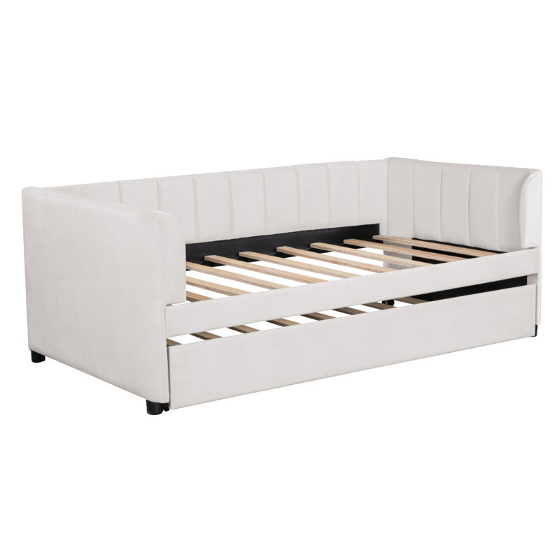 Nadwa Twin Size Upholstered Daybed with Ergonomic Design Backrest and Trundle, Beige