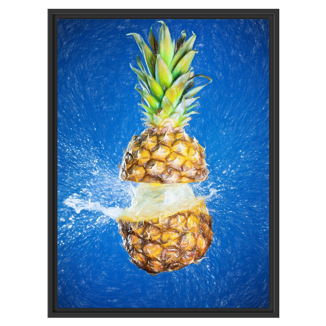 Gerahmtes Wandbild Ananas mit Wasser bespritzt