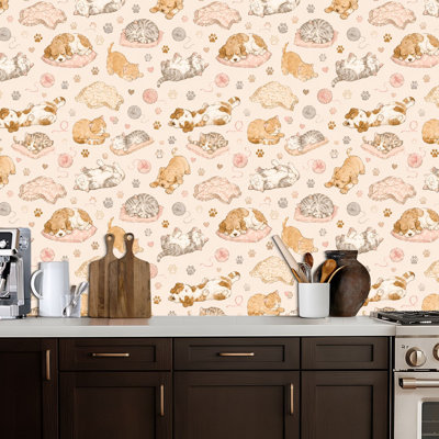 Papier peint autocollant amovible à motif chat, chien, chiot et chaton endormis, imperméable, en rouleau, pour chambre, salon et cuisine, 44,5 x 300 cm (17,5 x 118 pouces).