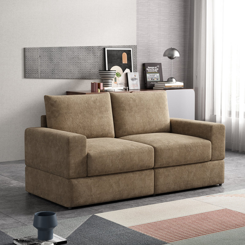 190Cm Cotton Square Arms Standard Sofa , Brown