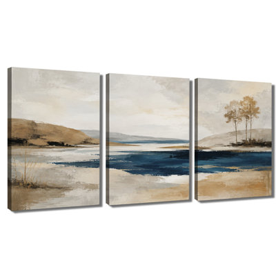 3 panneaux d'art mural neutre bleu abstrait au bord du lac, impression sur toile