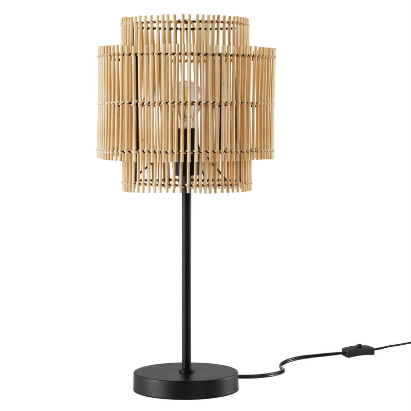 Natural Bamboo and Black Metal Table Lamp with Woven Shade