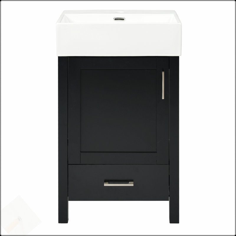 Meuble-lavabo moderne noir 20,28 po avec lavabo en céramique, structure en bois massif et tiroir - idéal pour les petites salles de bain