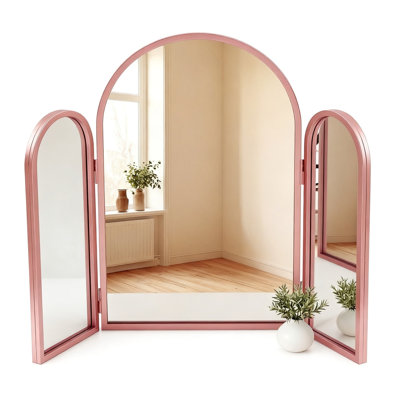 Trifold Vanity Mirrors 3 Way, Adjustable Arch Trifold Mirror, Decorative Folding 3 Sided Mirror Wall Mounted for Braiding Hair Makeup, (Rose Gold)