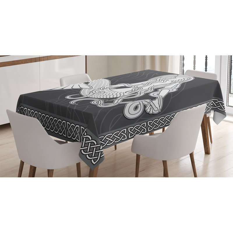 Ambesonne Mermaid Tablecloth, Retro Art Illustration Of A Mermaid Brushing Hair And Border With Celtic Patterns, Rectangular Table Cover For Dining Room Kitchen Decor, 52" X 70", Brown White