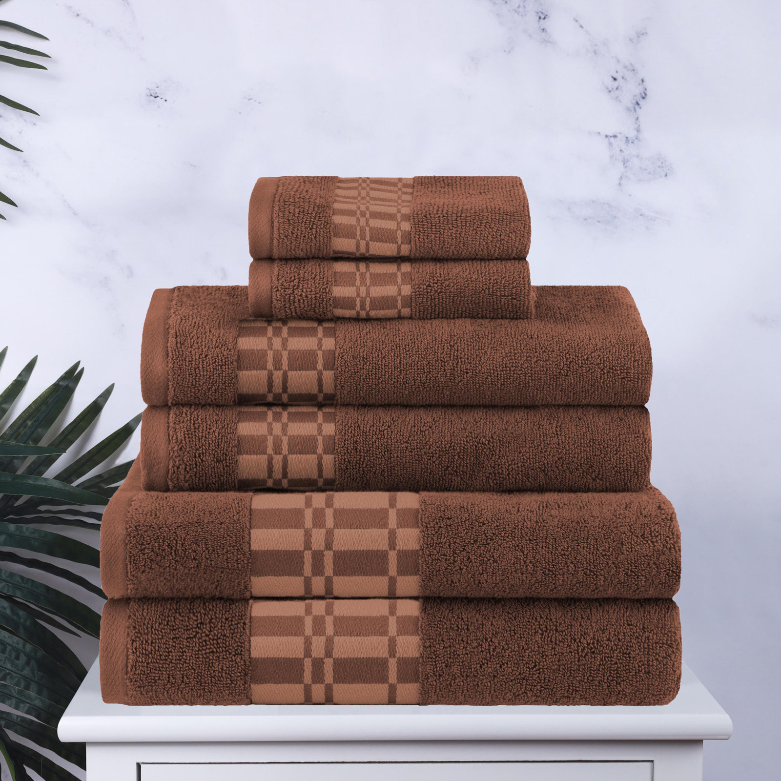 Mikira 6-Piece Geometric Border Towel Set, Chocolate