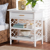 Bali & Pari Akane Natural Rattan Nightstand With Drawer And Open Shelves – Coastal Bedside Table With Lattice Design