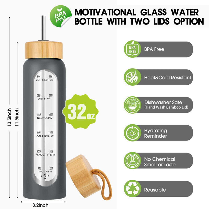 32 oz. LoochMee Bouteille d'eau en verre, Gris