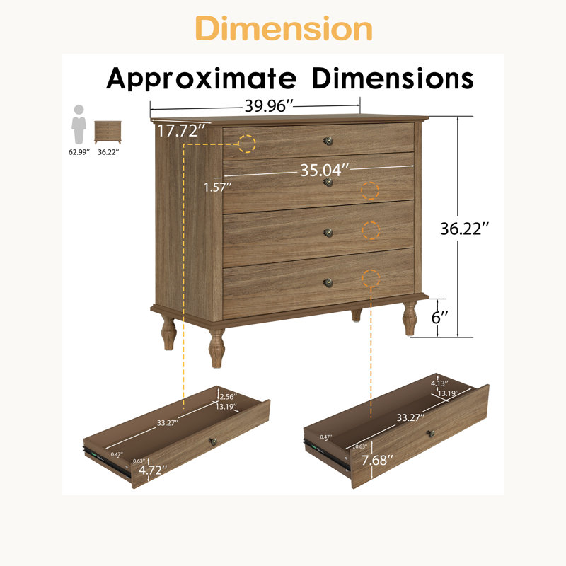 Grande commode à 4 tiroirs avec pied en bois massif, commode avec poignées de tiroir en métal brossé et design antique pour la chambre à coucher