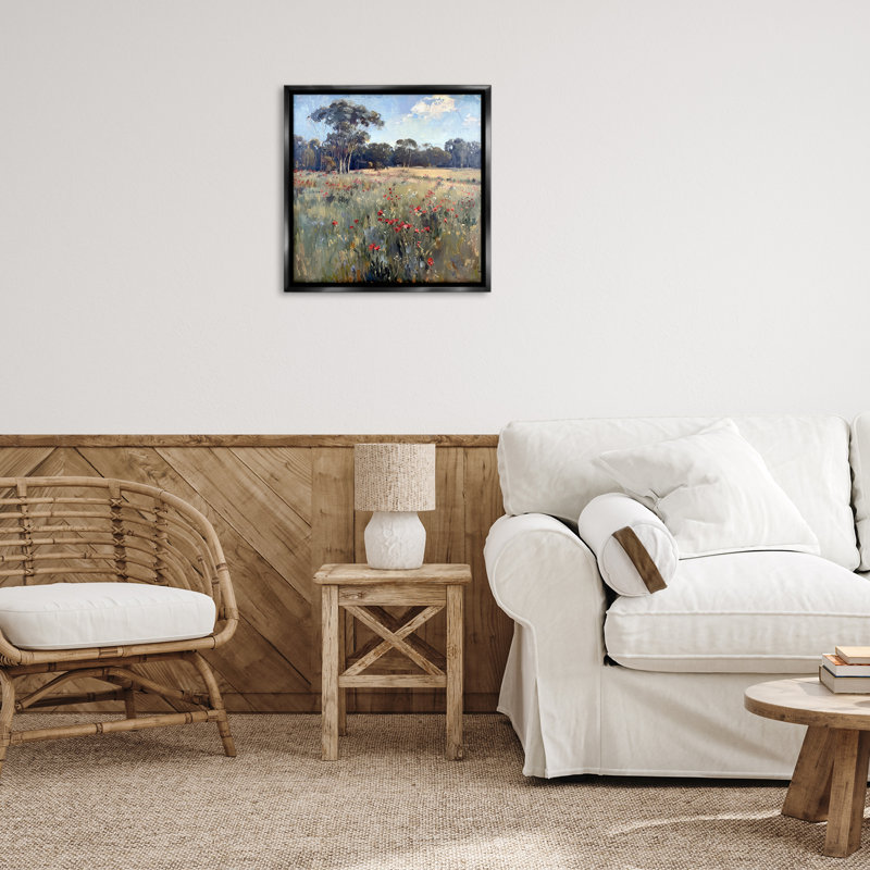 «Poppies in Vast Field», art mural sur toile flottante par Raymond Powers, H 25 po x l 25 po, Cadre flottant noir de jais