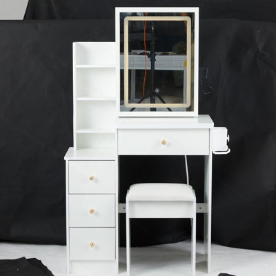 29.2" Small Size Left Bedside Cabinet Vanity Table, Cushioned Stool, 2 AC+2 USB Power Station, Hair Dryer Bracket, Extra Large Touch Control Sliding L