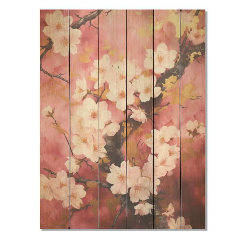 Fleurs de cerisier rose foncé, collage I - art mural en bois de cerisier sur bois de pin naturel, H 20 po x l 10 po