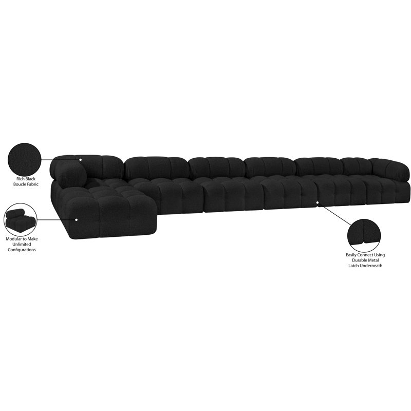 Ames Upholstered Sofa, Black Boucle Fabric, 4 Armless, 2 Corner, 1 Ottoman