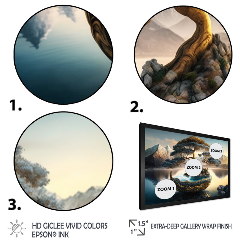Golden Bonsai Tree - Art mural sur toile Bonsai, H 12 po x l 20 po x P 1 po, Cadre simple noir