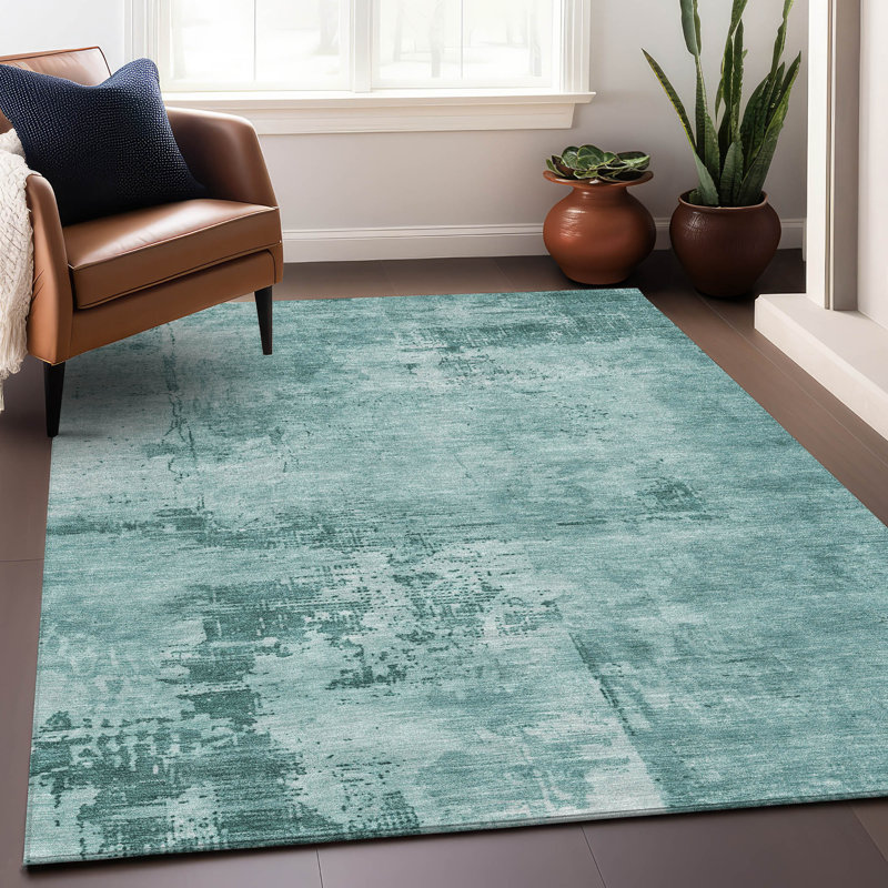 Teal Abstract Flat Woven Washable 5' x 7' Rug