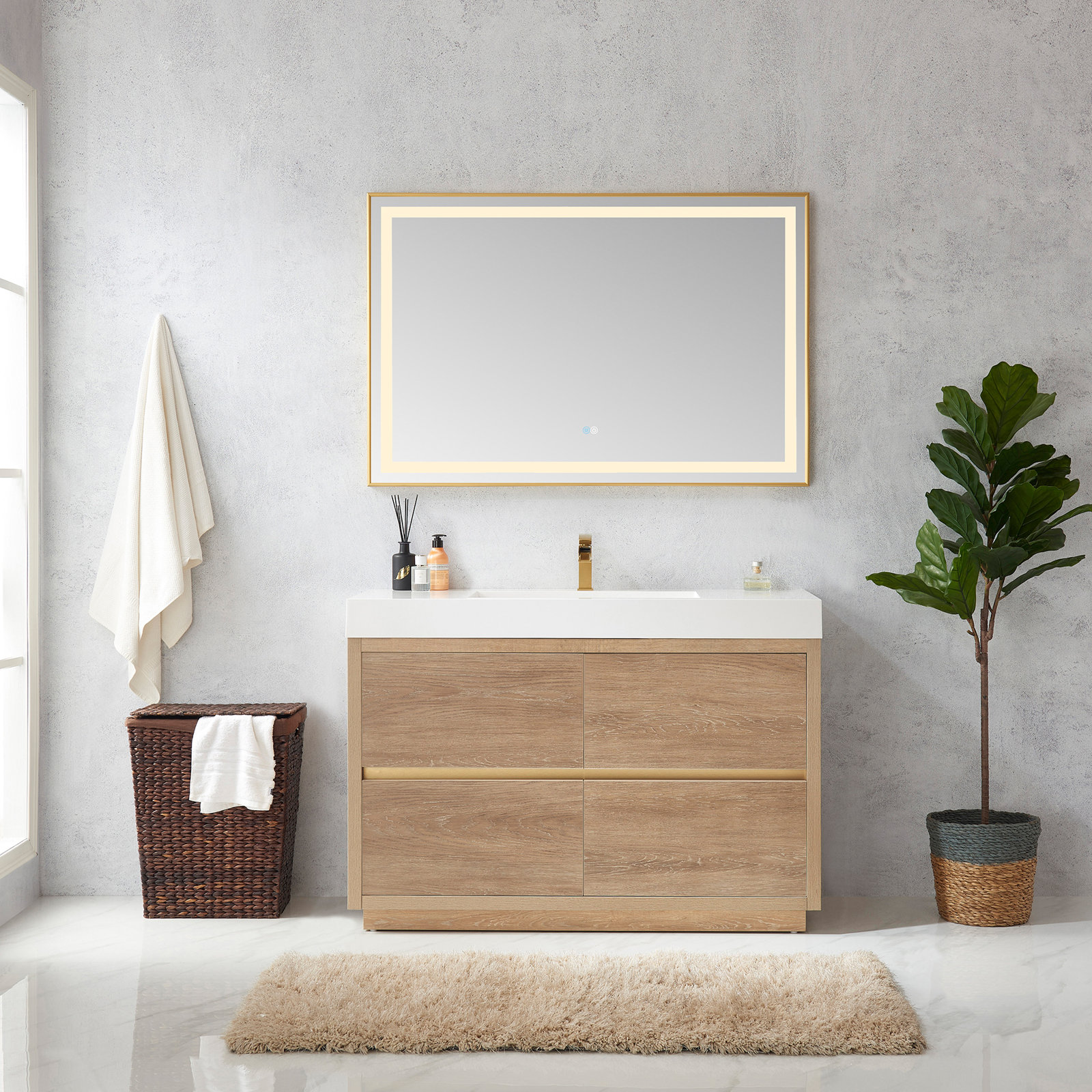 Beira 48'' Single Bathroom Vanity, North American Oak, White
