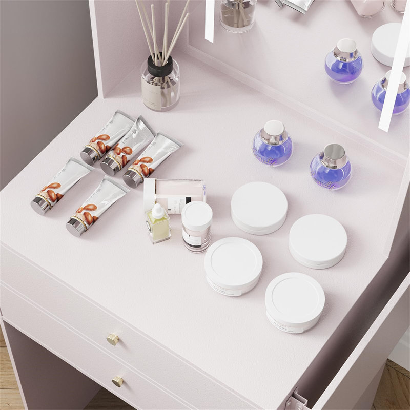 Dressing Table With LED Lighting, Adjustable Mirror, 2 Drawers And Open Shelves